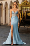 Sparkly Mermaid Satin Corset Dusty Blue Prom Dress