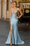 Sparkly Mermaid Satin Corset Dusty Blue Prom Dress