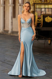 Sparkly Mermaid Satin Corset Dusty Blue Prom Dress