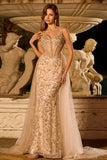 Champagne Sequin Mermaid Corset Prom Dress with Overlay
