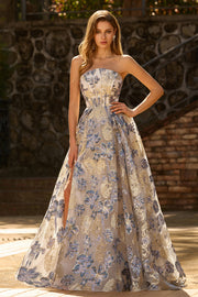 Floral Dusty Blue Jacquard Corset A Line Strapless Long Prom Dress With Slit