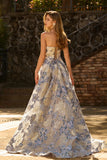 Floral Dusty Blue Jacquard Corset A Line Strapless Long Prom Dress With Slit