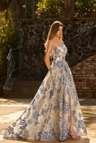 Floral Dusty Blue Jacquard Corset A Line Strapless Long Prom Dress With Slit