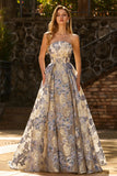 Floral Dusty Blue Jacquard Corset A Line Strapless Long Prom Dress With Slit