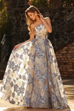 Floral Dusty Blue Jacquard Corset A Line Strapless Long Prom Dress With Slit