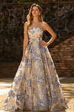 Floral Dusty Blue Jacquard Corset A Line Strapless Long Prom Dress With Slit