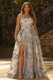 Strapless Dusty Blue Jacquard Corset A Line Plus Size Long Prom Dress with Slit