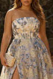 Strapless Dusty Blue Jacquard Corset A Line Plus Size Long Prom Dress with Slit