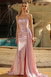 Metallic Pink Strapless Mermaid Corset Prom Dress with Side Cape