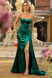 Dark Green Strapless Mermaid Corset Prom Dress with Side Cape