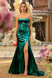 Dark Green Strapless Mermaid Corset Prom Dress with Side Cape
