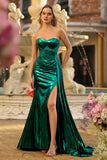 Dark Green Strapless Mermaid Corset Prom Dress with Side Cape