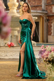 Dark Green Strapless Mermaid Corset Prom Dress with Side Cape