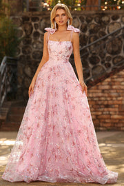 Floral Pink Sequin Spaghetti Straps A Line Long Prom Dress with Bows