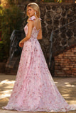Floral Pink Sequin Spaghetti Straps A Line Long Prom Dress with Bows