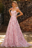 Floral Pink Sequin Spaghetti Straps A Line Long Prom Dress with Bows