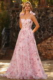 Floral Pink Sequin Spaghetti Straps A Line Long Prom Dress with Bows