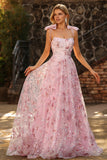 Floral Pink Sequin Spaghetti Straps A Line Long Prom Dress with Bows