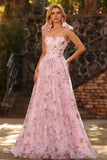 Floral Pink Sequin Spaghetti Straps A Line Long Prom Dress with Bows