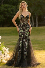 Black Floral Mermaid Tulle Corset Beaded Long Prom Dress