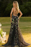 Black Floral Mermaid Tulle Corset Beaded Long Prom Dress
