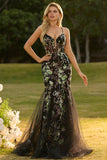 Black Floral Mermaid Tulle Corset Beaded Long Prom Dress