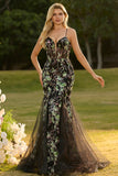 Black Floral Mermaid Tulle Corset Beaded Long Prom Dress