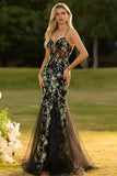 Black Floral Mermaid Tulle Corset Beaded Long Prom Dress
