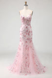 Pink Corset Mermaid Sequin Prom Dress with Appliques