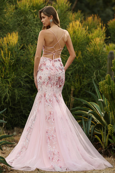 WEDTREND Women Pink Corset Prom Dress Mermaid Sequin Spaghetti Straps ...