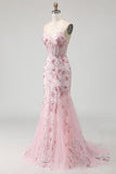 Pink Corset Mermaid Sequin Prom Dress with Appliques
