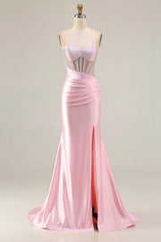 Mermaid Corset Beaded Pink Satin Prom Dress