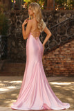 Mermaid Corset Beaded Pink Satin Prom Dress with Slit