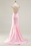 Mermaid Corset Beaded Pink Satin Prom Dress