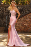 Mermaid Corset Beaded Pink Satin Prom Dress with Slit