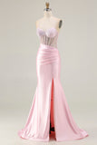 Mermaid Corset Beaded Pink Satin Prom Dress