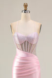 Mermaid Corset Beaded Pink Satin Prom Dress
