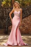 Mermaid Corset Beaded Pink Satin Prom Dress with Slit