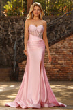 Mermaid Corset Beaded Pink Satin Prom Dress with Slit