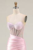 Mermaid Corset Beaded Pink Satin Prom Dress