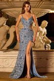 Sparkly Dusty Blue Cut Out Prom Dress with Slit