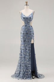 Sparkly Dusty Blue Cut Out Prom Dress with Slit