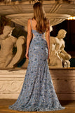 Mermaid Dusty Blue Beaded Cut Out Long Prom Dress With Slit