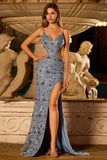 Mermaid Dusty Blue Beaded Cut Out Long Prom Dress With Slit