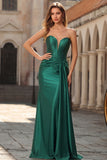 Dark Green Satin Corset Strapless Mermaid Prom Dress