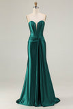 Dark Green Satin Corset Strapless Mermaid Prom Dress