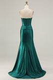Dark Green Satin Corset Strapless Mermaid Prom Dress