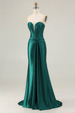 Dark Green Satin Corset Strapless Mermaid Prom Dress