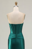 Dark Green Satin Corset Strapless Mermaid Prom Dress