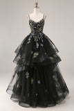 Black Corset Floral Embroidered Ruffle Tulle A Line Long Prom Dress